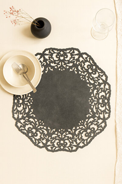 Ergüven Home Koyu Gri Süet Kumaş Yuvarlak Supla Amerikan Servis Takımı 6'lı 3...