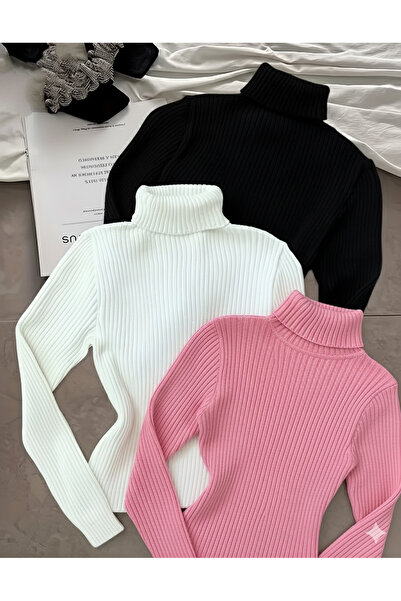 Koçibar Siyah Beyaz Pembe3 Adet Lüx Renkler Balıkçı Yaka Body Kaşkorse Şardonlu Slimfit