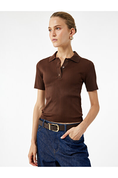 Koton Πλεκτό πουλόβερ με κοντό μανίκι με γιακά πόλο με μισό κουμπί