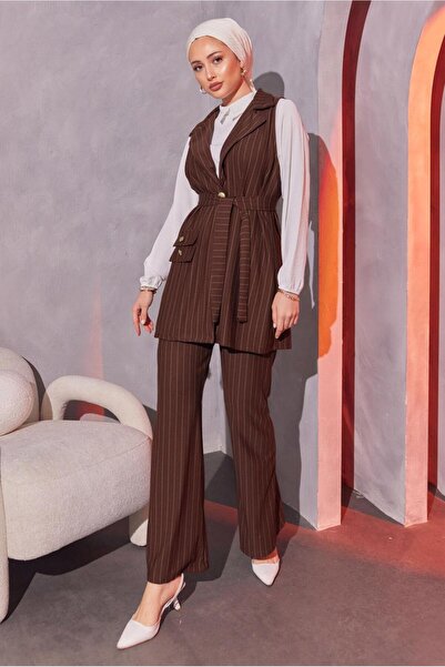 TRENDTESETTÜR Γυναικείο Σετ με Καφέ Ριγέ Γιλέκο και Παντελόνι - T 0404