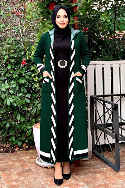 TRENDTESETTÜR KADIN YEŞİL (ZÜMRÜT) KAPÜŞONLU KUŞAKLI TRİKO HIRKA 71102