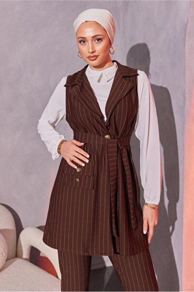 TRENDTESETTÜR Brown Striped Women's Set with Vest and Trousers - T 0404