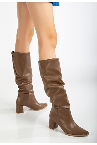 Hayalimdeki Ayakkabı Lise-Britt Vizon Cilt Körüklü Topuklu Kadın Çizme