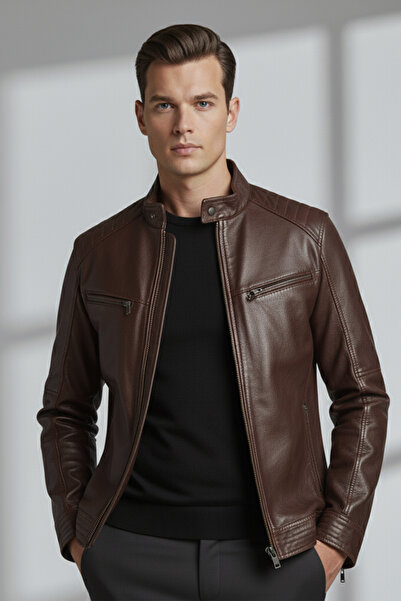 Deriderim معطف بني اللون من الجلد الطبيعي للرجال من هيكتور هاكم بياقة وسحاب ومبطن