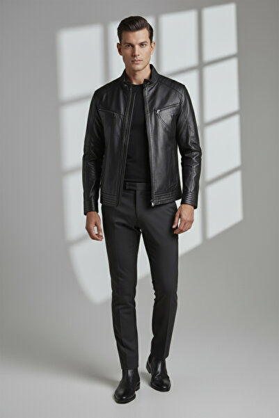 Deriderim Black Hector Hakim Collar Zippered Lined Men's Genuine Leather Coat