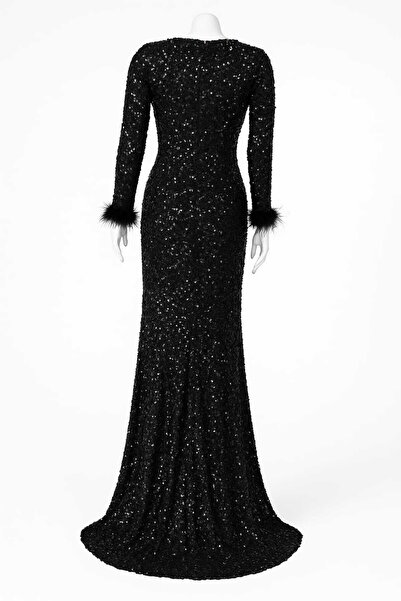 Ayşe Melek pullu boncuklu tesettür pileli balık abiye elbise 4000 siyah