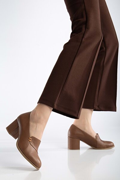 ANALİN SHOES Kadın Hakiki Deri Biyeli Topuklu Ayakkabı - Ceviz