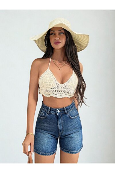 1434 Polo State Kadın Yüksek Bel Jean Kot Şort Mavi