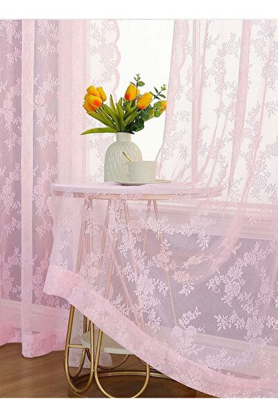 Arabest 2-Piece Grommet Rose Lace Light Filtering Sheer Window Curtains for Bedroom Living Room Pink