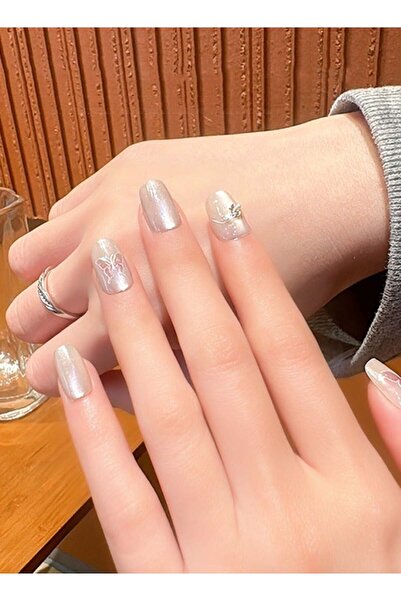 fulina 10 Pcs Nail Art with Pattern, Short T Press on Nails, XS Size, Gilt Butterfly White for Women