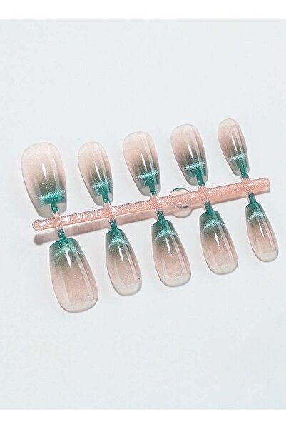 Arabest 10 قطع أظافر ملونة على شكل عين القطة من الدوبامين قصيرة على شكل حرف T، مقاس متوسط، لون أخضر مموج للنساء