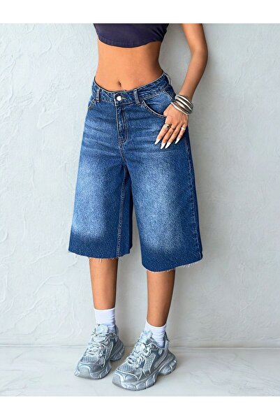 1434 Polo State Mavi Bol Kesim Diz Altı Kot Şort