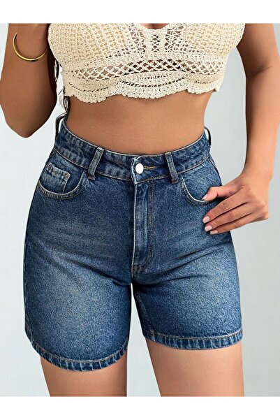 1434 Polo State Kadın Yüksek Bel Jean Kot Şort Mavi