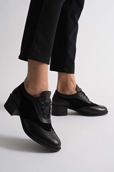 ANALİN SHOES حذاء أكسفورد نسائي بكعب من الجلد الطبيعي - أسود
