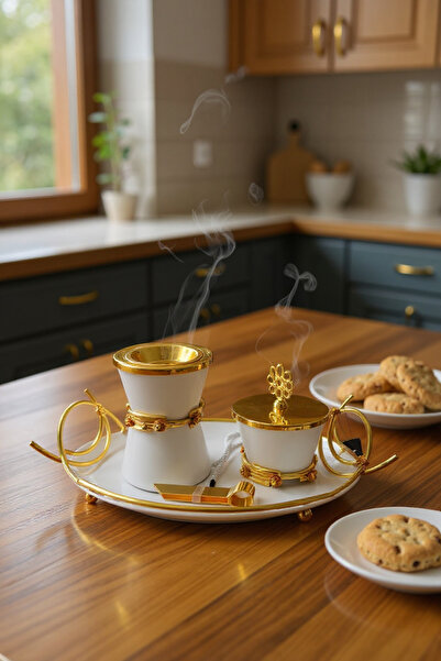 Living طقم بخور ملكي 4 ح ، عصري  ، لون أبيض و ذهبي