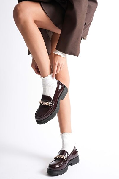 ANALİN SHOES Жіночі шкіряні легкі туфлі-лофери на плоскій підошві з пряжкою - бордовий руган