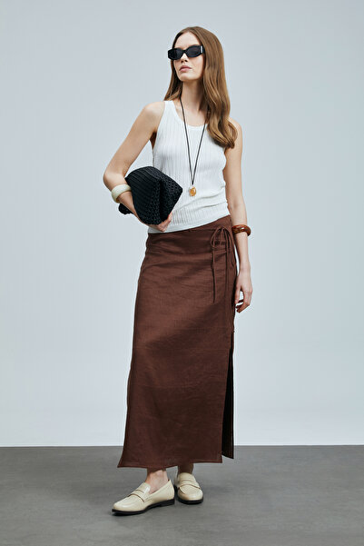 Lufian Ate Γυναικεία Λινό Φούστα Καφέ