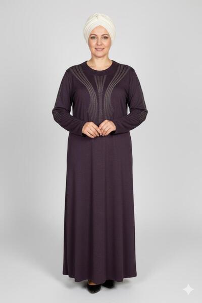 HESNA Women's Elvan Winter Plus Size Full Length Printed Plum Dress