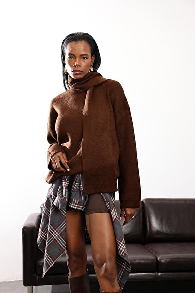 5in1Canpolat Brown Shawl Detailed Knitwear Sweater 92633