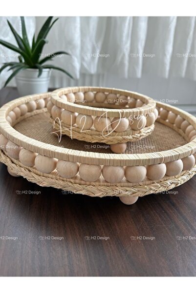 H2 Design Ahşap Boncuklu Doğal Rafya Dekoratif Hasır Tepsi 24 cm Ve 12 cm