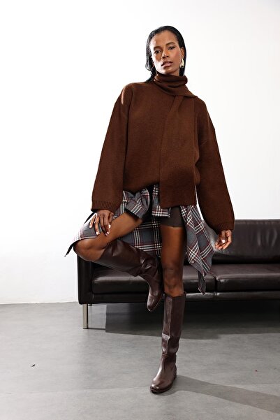 5in1Canpolat Brown Shawl Detailed Knitwear Sweater 92633