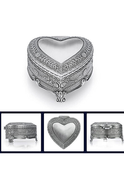 PUFO Cutie metalică din antimoniu pentru depozitarea și organizarea bijuteriilor și accesoriilor, model în formă de inimă, argintiu