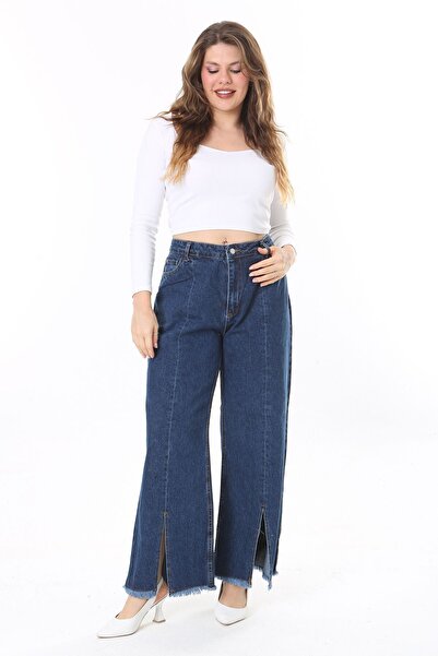 Şans Μπλε Navy Large Size Washing Effect Τζιν με κούπα και λεπτομέρεια σχισμής 65N38077