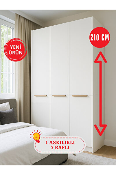 dorpek Cosmos 6 Raflı 3 Kapaklı Gardırop - 210 cm Y, 125 cm G - Genç Odası ve Yatak Odası Gardırop