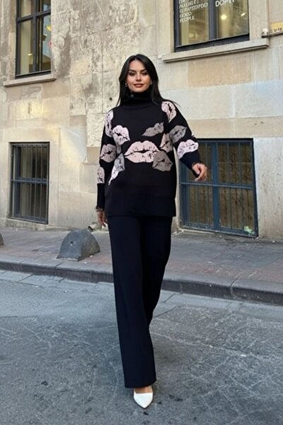 Bliss Női kétrészes kötöttáru szett, magas nyakú pulóver nadrág szett, csók mintás alsó felső szett