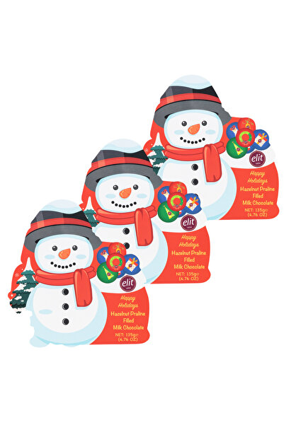 Elit Çikolata Kardan Adam Pralin Dolgulu Sütlü Çikolata Asetat Kutu 135g 3’lü Set