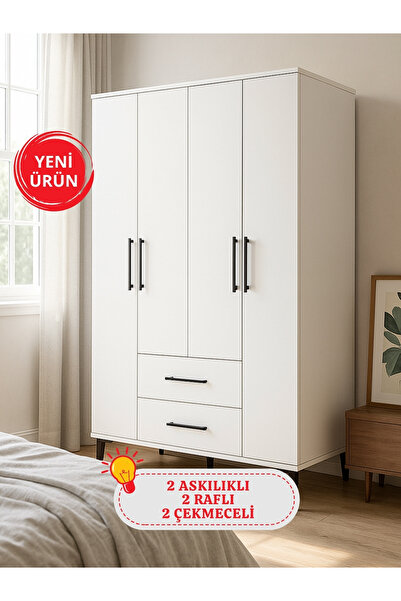 dorpek Nuna 4 Kapaklı 2 Çekmeceli Gardırop – 120 cm Genişlik Beyaz Elbise Dolabı