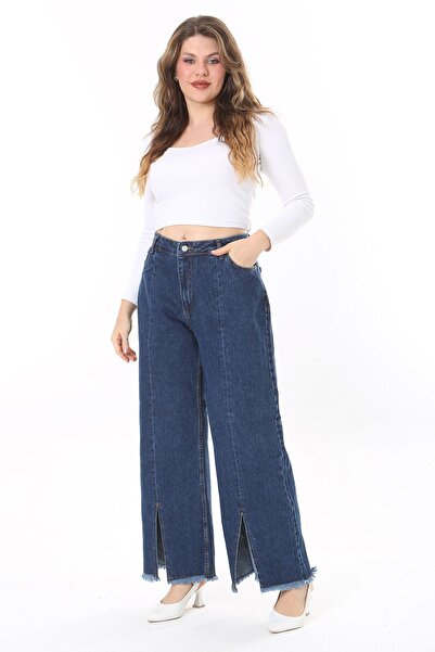 Şans Μπλε Navy Large Size Washing Effect Τζιν με κούπα και λεπτομέρεια σχισμής 65N38077