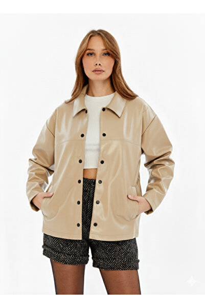 CHOS7N سترة نسائية كاجوال من الجلد بياقة قميص – جيوب مزدوجة، طراز عصري، لون ب...