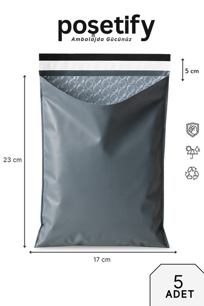 POŞETİFY Balonlu Gri Kargo Poşeti 17X23+5 cm | 5 Adet | Bantlı Patpatlı Kargo...