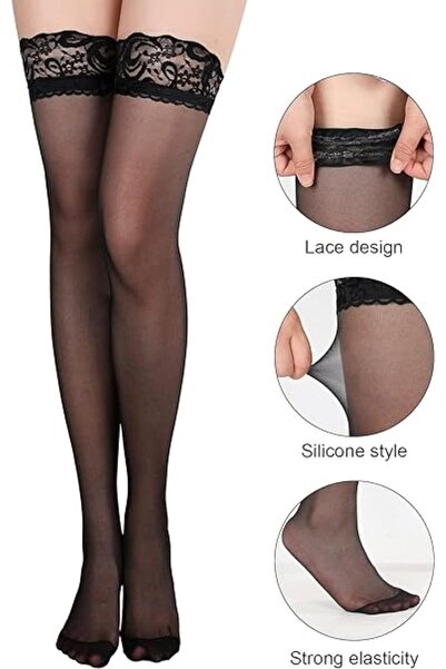 Generic زوجان من الجوارب النسائية الشفافة المضادة للانزلاق والمصنوعة من الدانتيل حتى الفخذ، باللون الأسود (مقاس واحد)