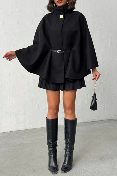 Lusin Дамско кашмирено пончо с черни златни копчета и колан