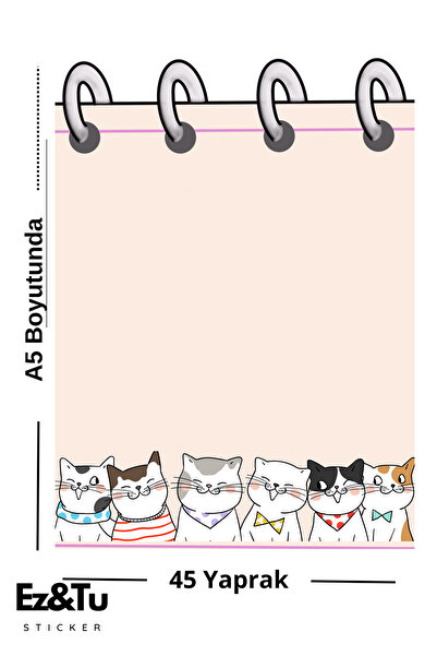 Ez&Tu Stıcker Kedili A5 Spiral Görünümlü Not Defteri – 45 Yaprak | Cute Cats