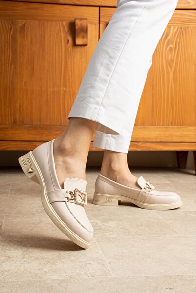 Parparastil ALVINA Bej Kadın Tokalı Deri Görünümlü Kalın Taban Günlük Şık ve Modern Loafer