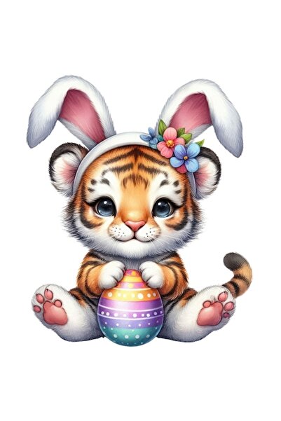 OEM Autocolant - pui de tigru cu urechi de iepuraș, ilustrație de Paște, ou pictat, flori, bordură albă, PVC 1