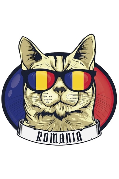 OEM Autocolant pisică „România” cu ochelari cu steag tricolor, vinil PVC, 10 cm