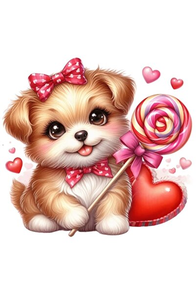 OEM Autocolant cățeluș vesel, ilustrație, acadea și inimioare, vinil PVC, mar...