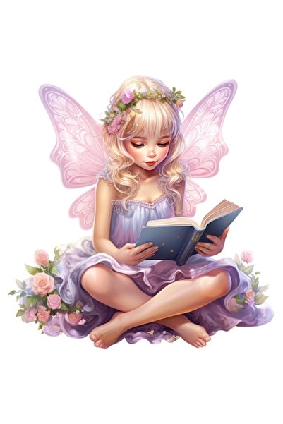 OEM Autocolant cu o zână citind o carte, aripi de zână, coroană de flori, mar...