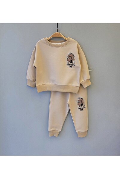 Palal Erkek Çocuk Organik Pamuklu Licrali Bej Dinazor Baskılı Sweatshirt ve E...