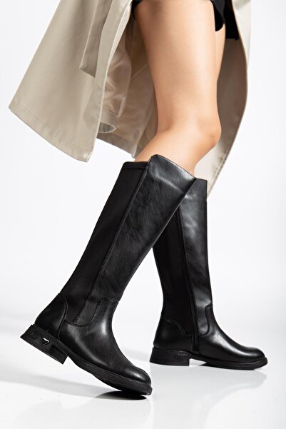 Dilimler Ayakkabı Black Women's Boots Flat Sole Stretch Zippered