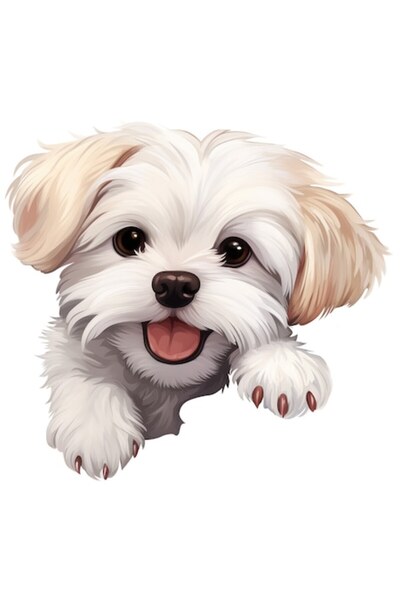 OEM Autocolant ilustrație câine pufos, bordură albă, vinil PVC, 15 cm