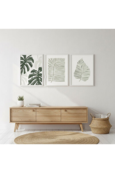 Linacci Set de 3 tablouri cu cadru metalic alb, frunze verzi, sticlă moale