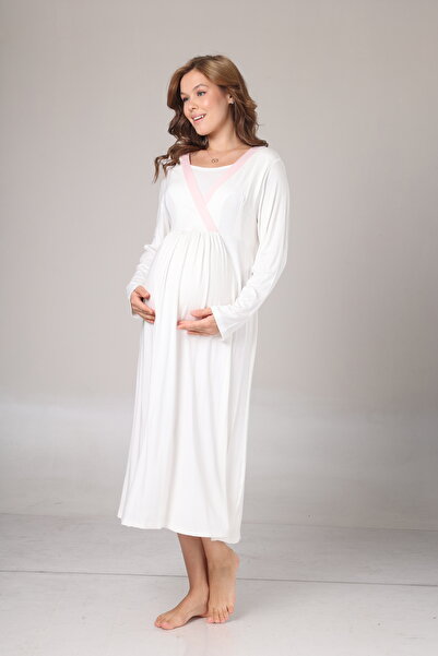 Rimel Homewear Kışlık Kendinden Desenli Şerit Detaylı Sabahlıklı Lohusa Gecelik Takımı