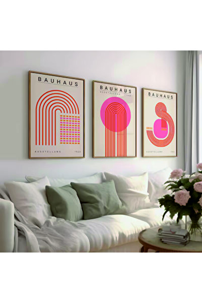 POSTER (ÇERÇEVESİZ) Bauhaus Pembe 3'lü Çerçevesiz Set, Modern Dekoratif Seti