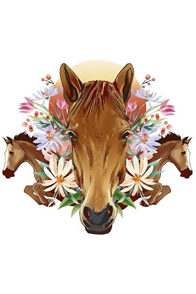 OEM Autocolant portret mânz maro, flori roz, ecvestru, bordură albă, vinil PV...