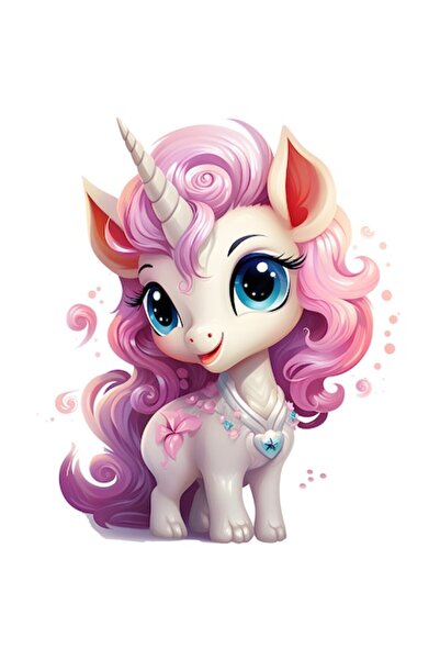 OEM Happy unicorn PVC vinyl sticker, pink, long mane, white border — 10 cm